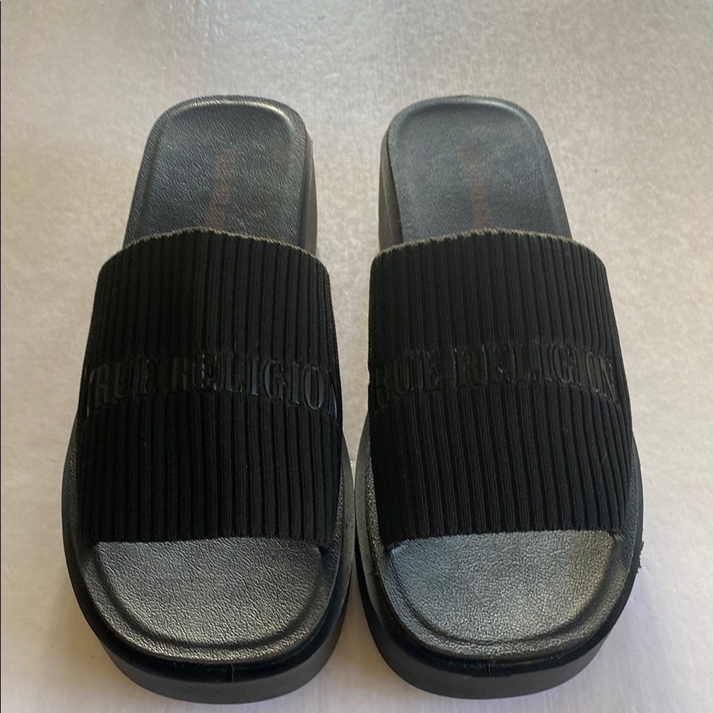 True Religion Black Jann Platform Slide Sandals Size 8.5 - Picture 1 of 11